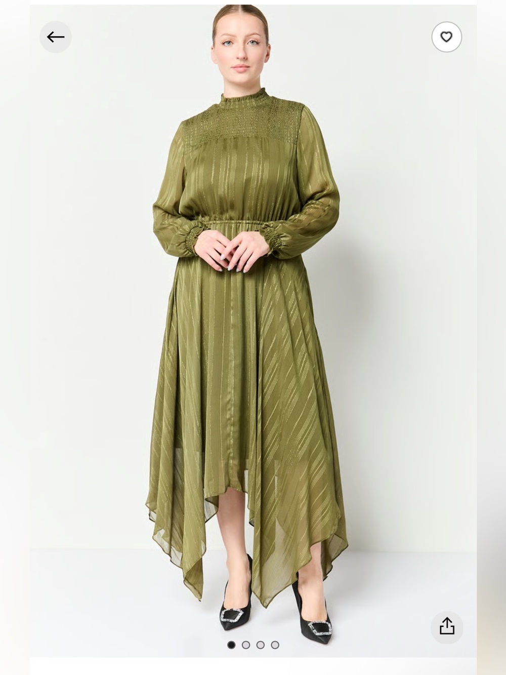 Nanette Lepore Olive Moss Green Metallic Handkerchief Hem Midi Dress
